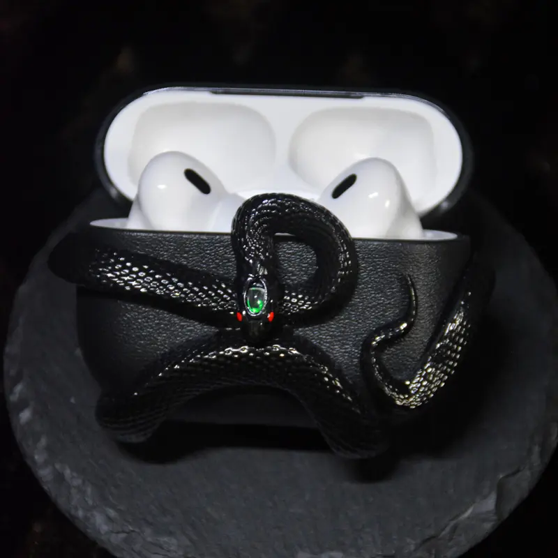 Aura 999999 Leather Earphone Protective Cover - Black Dragon with Green Eye Detail, Anti-Drop Protection, Snug Fit, Anime-Style Flair - Compatible with AirPods Pro2, Pro, 4, Gift for Anime Lovers