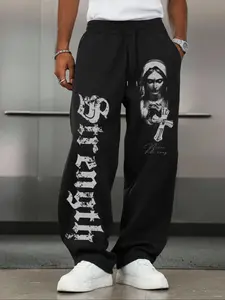 Men's Oversized Streetwear Joggers - Edgy Distressed Religious Graphic Relaxed Fit Sweatpants with Vertical Strength Letter & Virgin Mary Cross Design, Drawstring Waist, Cuffed Ankles & Soft Comfortable Fabric |Dark Academia Edgy Streetwear Pants
