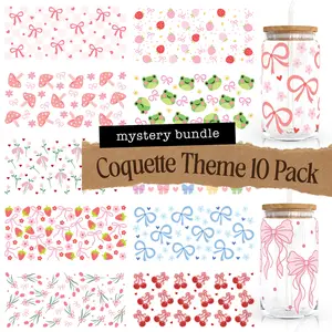 Coquette Themed 10 UV DTF Cup Wrap Mystery Pack Double Sided Sticker for 16oz Cup Decoration Project