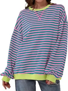 Plus Size Striped Print Drop Shoulder Sweatshirt, Casual Contrast Binding Long Sleeve Pullover for Spring & Fall, Women's Plus Clothing for Daily Wear