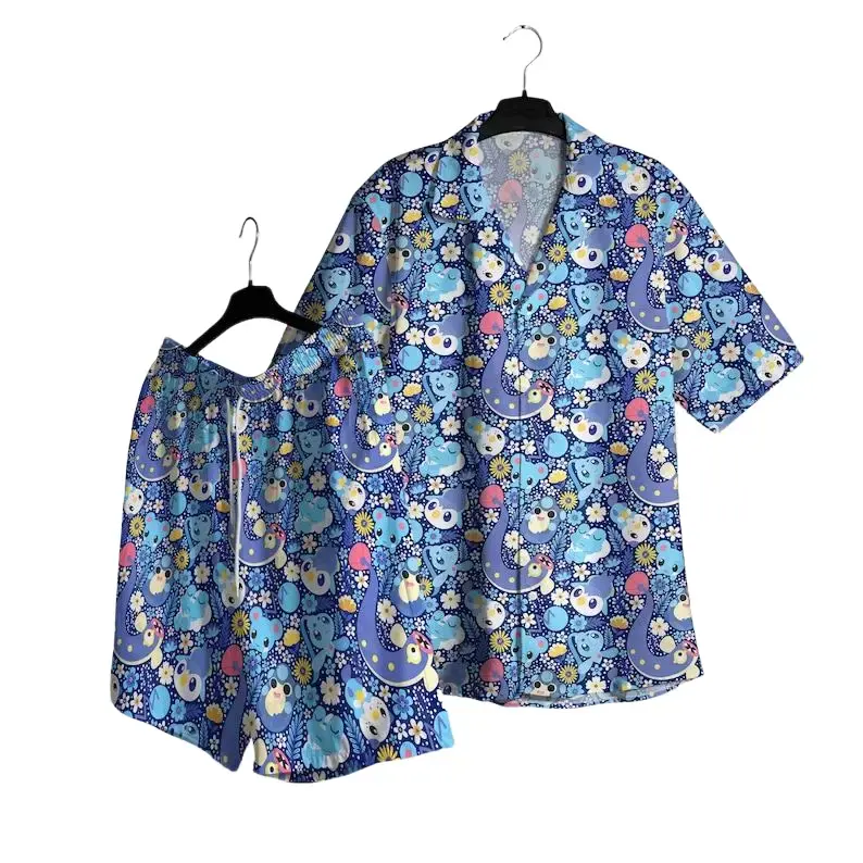 Water Type PKM Hawaiian Shirt Anime Piplup Froakie Marill Summer Beachwear For All Ages Matching Family Outfits Colorful Ocean Elements Short Sleeve Button Down Top Tropical Vacation Blouse Lightweight Breathable Camp Clothes Gifts Men Women Kids