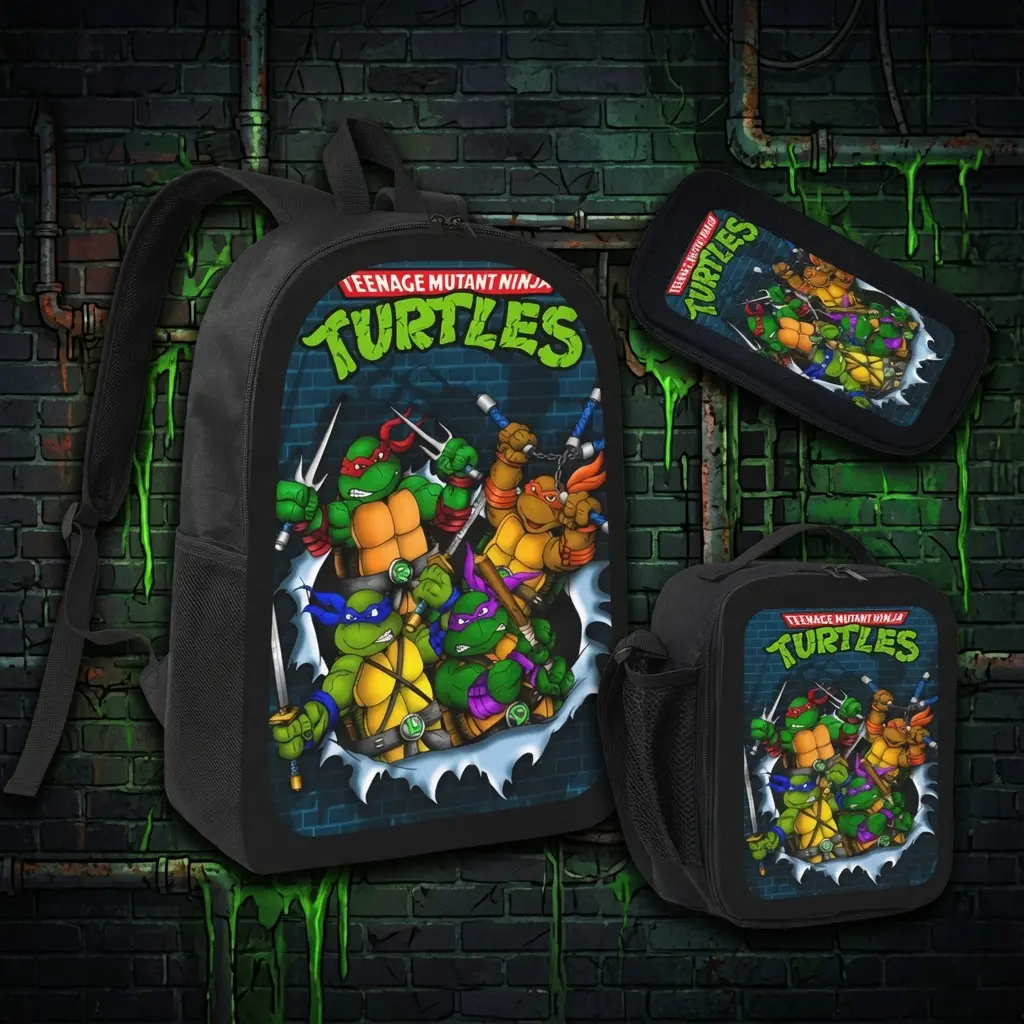 Teenage Mutant Ninja Turtles 3Pcs Backpack Set, 17 Inch Kids Boys Student Bookbag with Lunch Box & Pencil Case, Retro Brick Wall TMNT Character Print Oxford Rucksack, Classic Cartoon School Bag Gift For Ninja Turtle Fans Daily Travel
