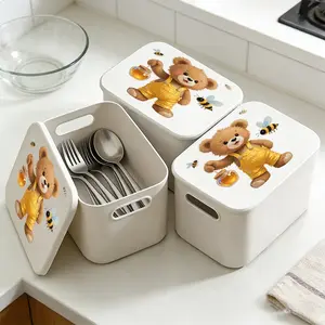 Plastic Storage Box with Honey Bear Print, Party Desktop Organizer, Living Room Snack Container, Dressing Table Tray, Key Holder