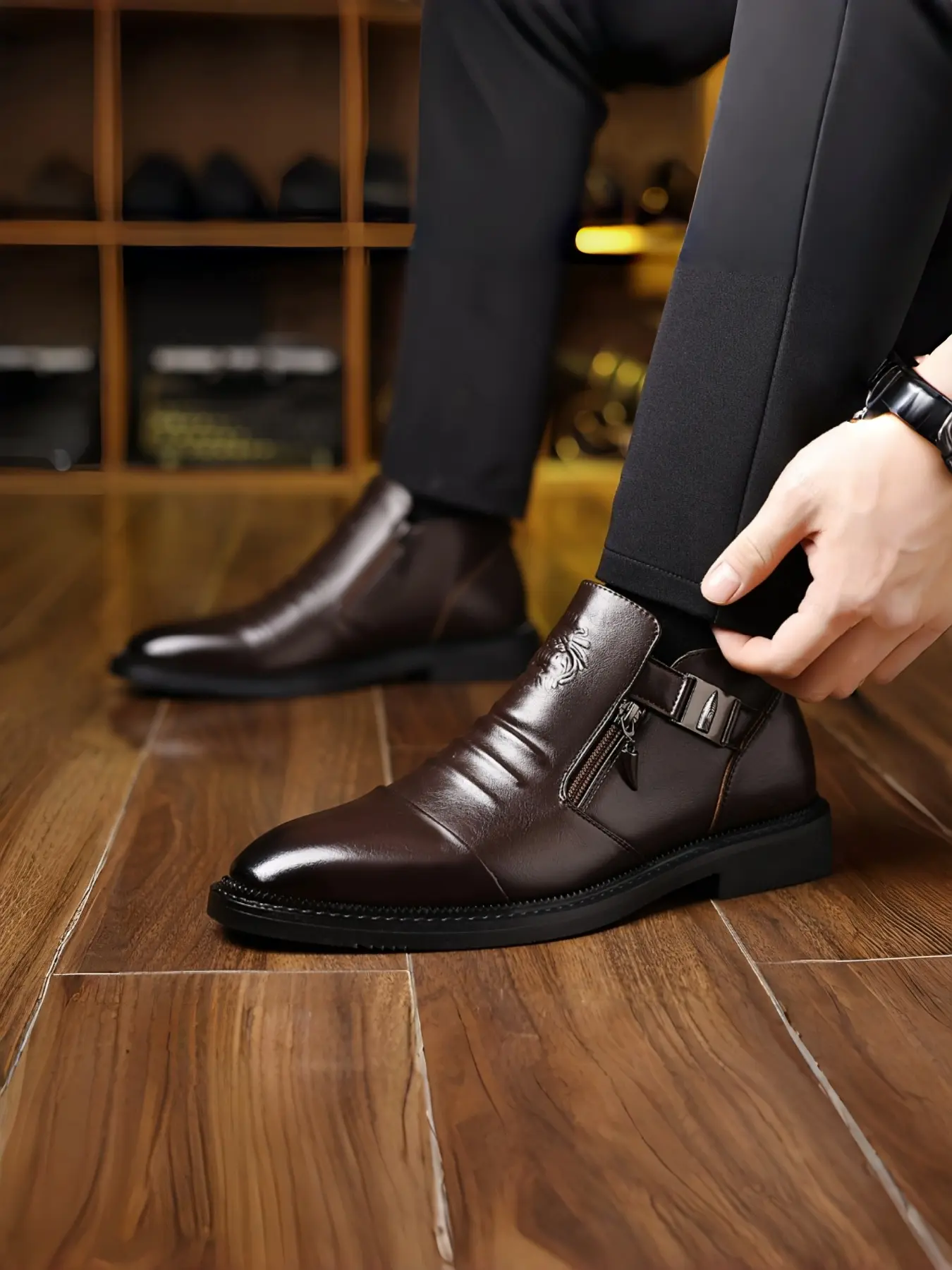 Glossy Boots with Hardware, PU Leather Upper, Above Ankle Height, Casual Style, Plain Design, All Seasons Wear