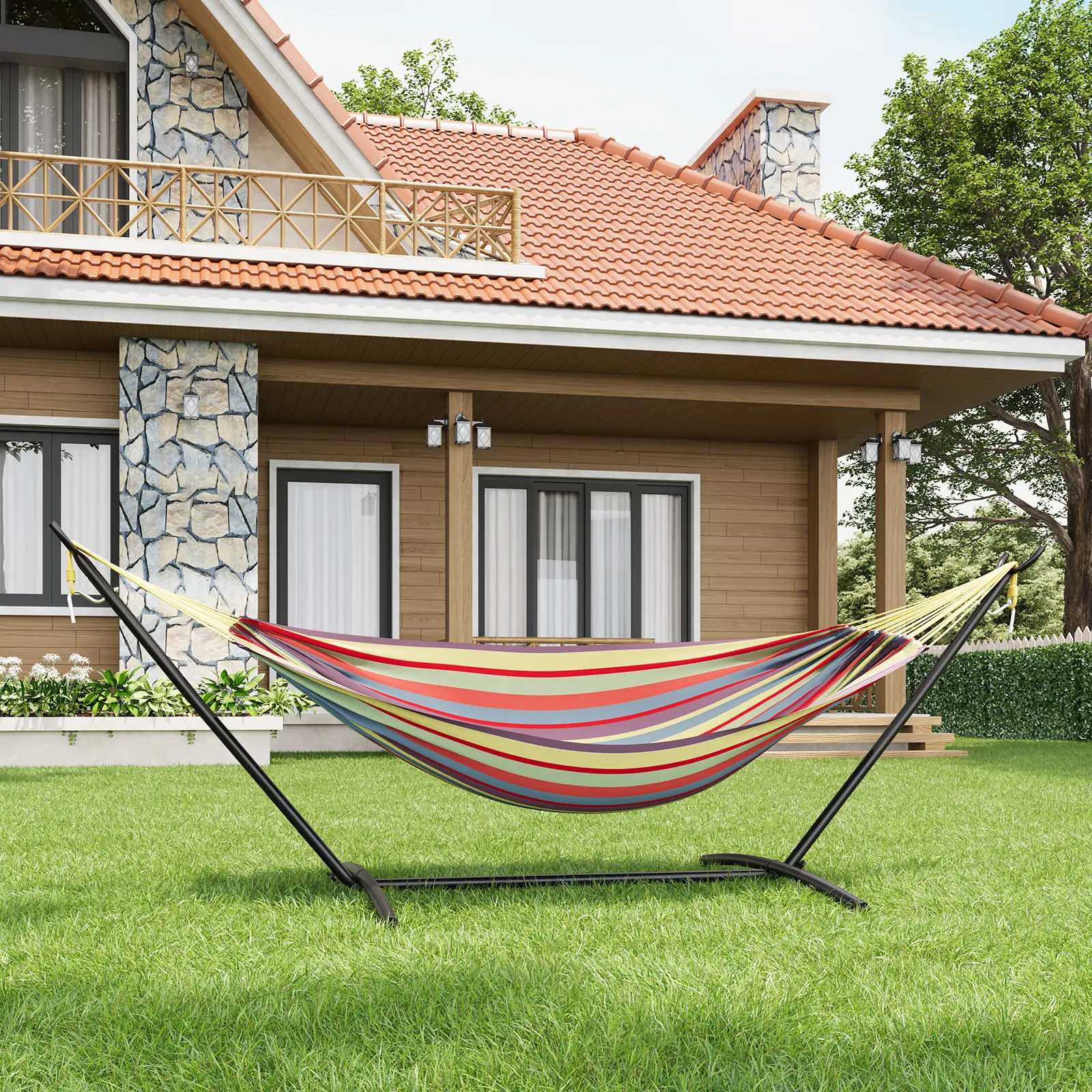 Quick-Fold Double Hammock with Steel Stand, Heavy Duty 2-Person Hammock with 450 lbs Capacity, Portable and Space Saving, Carry Bag Included, Perfect for Garden, Yard, Camping, Beach