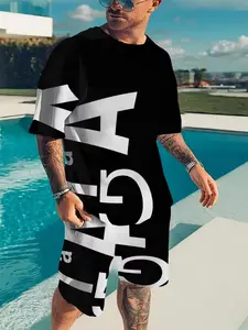 Men's Printed Short Sleeve T-Shirt + Shorts Set, Casual Sporty Breathable Outdoor Wear, Summer 3D Print Combo Gift for Father's Day