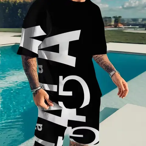 Men's Printed Short Sleeve T-Shirt + Shorts Set, Casual Sporty Breathable Outdoor Wear, Summer 3D Print Combo Gift for Father's Day