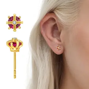 Crown Earrings for Women – S925 Sterling Silver & 14K Gold Plated with Red 5A Cubic Zirconia, Elegant Stylish Dangle Stud Jewelry, Birthday Gift for Her