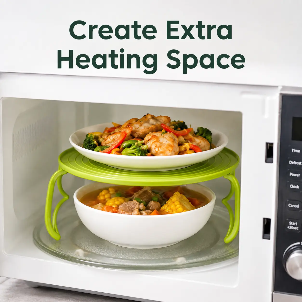 Microwave Steamer Rack, Foldable Microwave Plate Stacker with Cool-Touch Handles, Space-Saving Food Heating Tray Stand, Reusable Kitchen Organizer for Plates & Bowls
