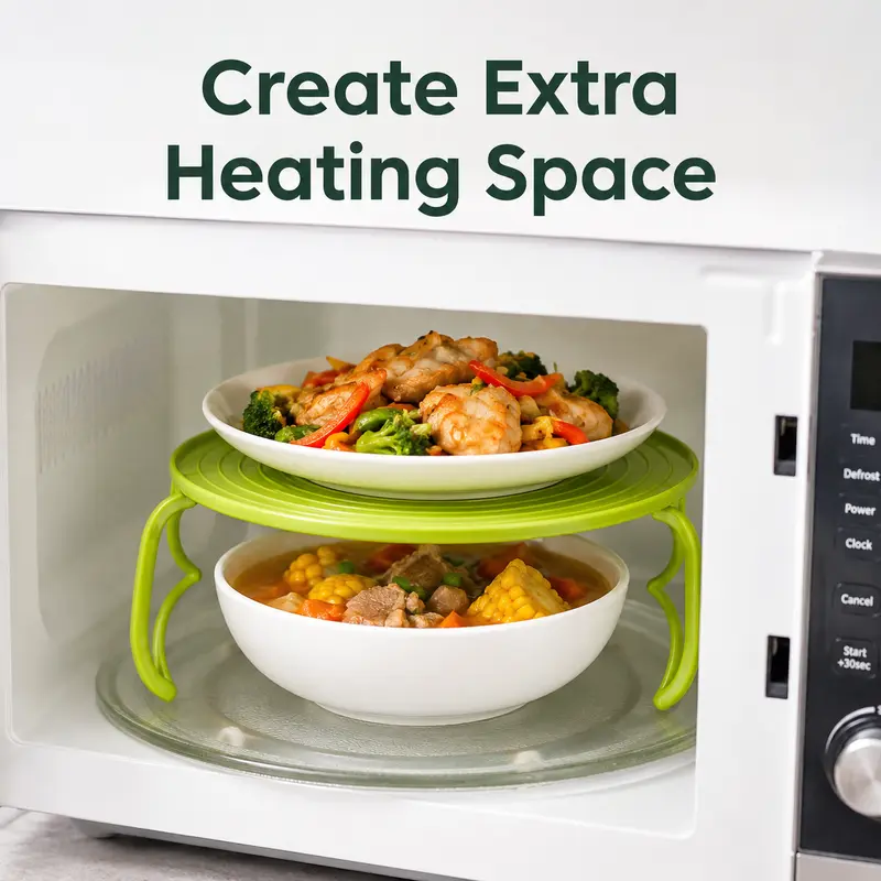 Microwave Steamer Rack, Foldable Microwave Plate Stacker with Cool-Touch Handles, Space-Saving Food Heating Tray Stand, Reusable Kitchen Organizer for Plates & Bowls