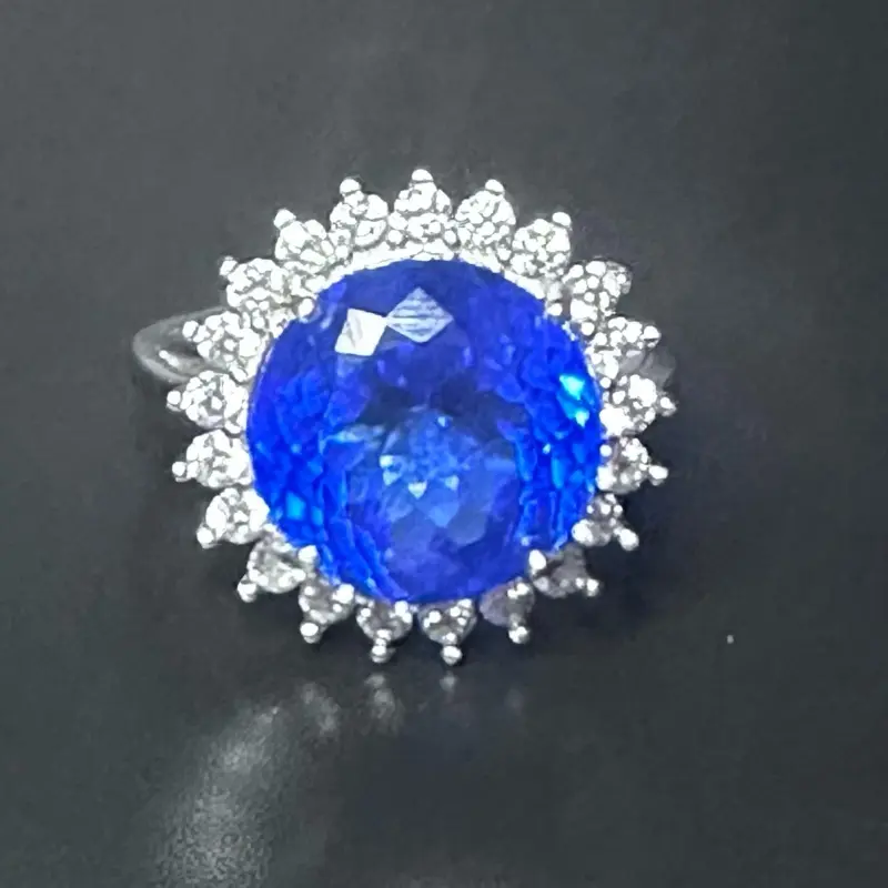 Natural Blue Round Tanzanite 6.55ct with CZ Accents. Adjustable size. 925 Sterling silver