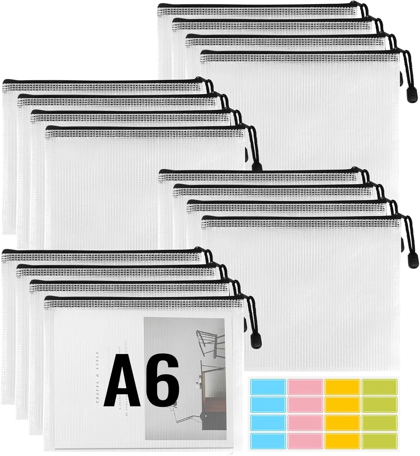 16Pcs/Set A6 Size Document Wallets,Net Document Bag,Waterproof PVC Plastic Zip Bags for Documents,Files,Cosmetics,School,Office,New Year Gifts,Hand Tools Kits