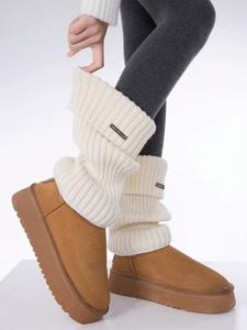 women's basic solid metal label decor leg warmers, minimalist womenswear, fashionable comfort cozy warm socks for all seasons, fall clothes, lady long socks for daily wear wear