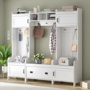 Hall Tree with Bench and Shoe Storage Cabinet, 4 in 1 Entryway Bench with Coat Rack, Mudroom Bench with Storage and 7 Double Hooks, Combination Entryway Furniture for Hallway, White