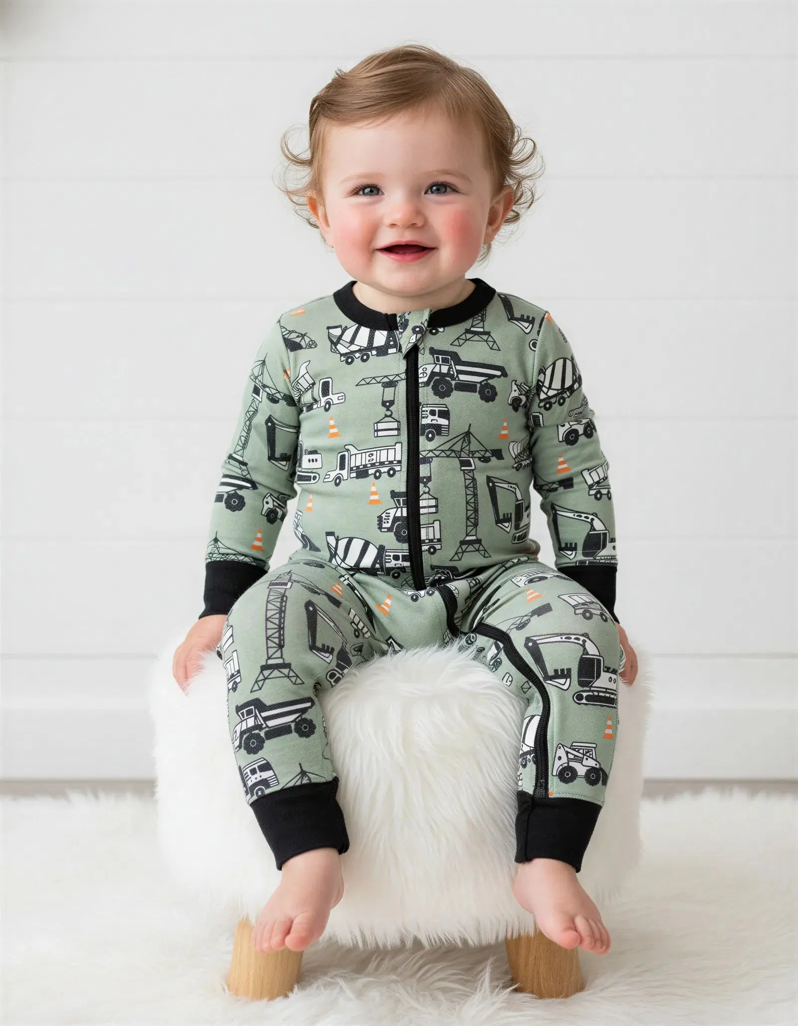 Bestaroo Construction Site Baby Romper Coveralls Dual Zipper Soft Modal Stretch Fabric Snug Fit Cozy Sleepwear Newborn to Toddler Sizes