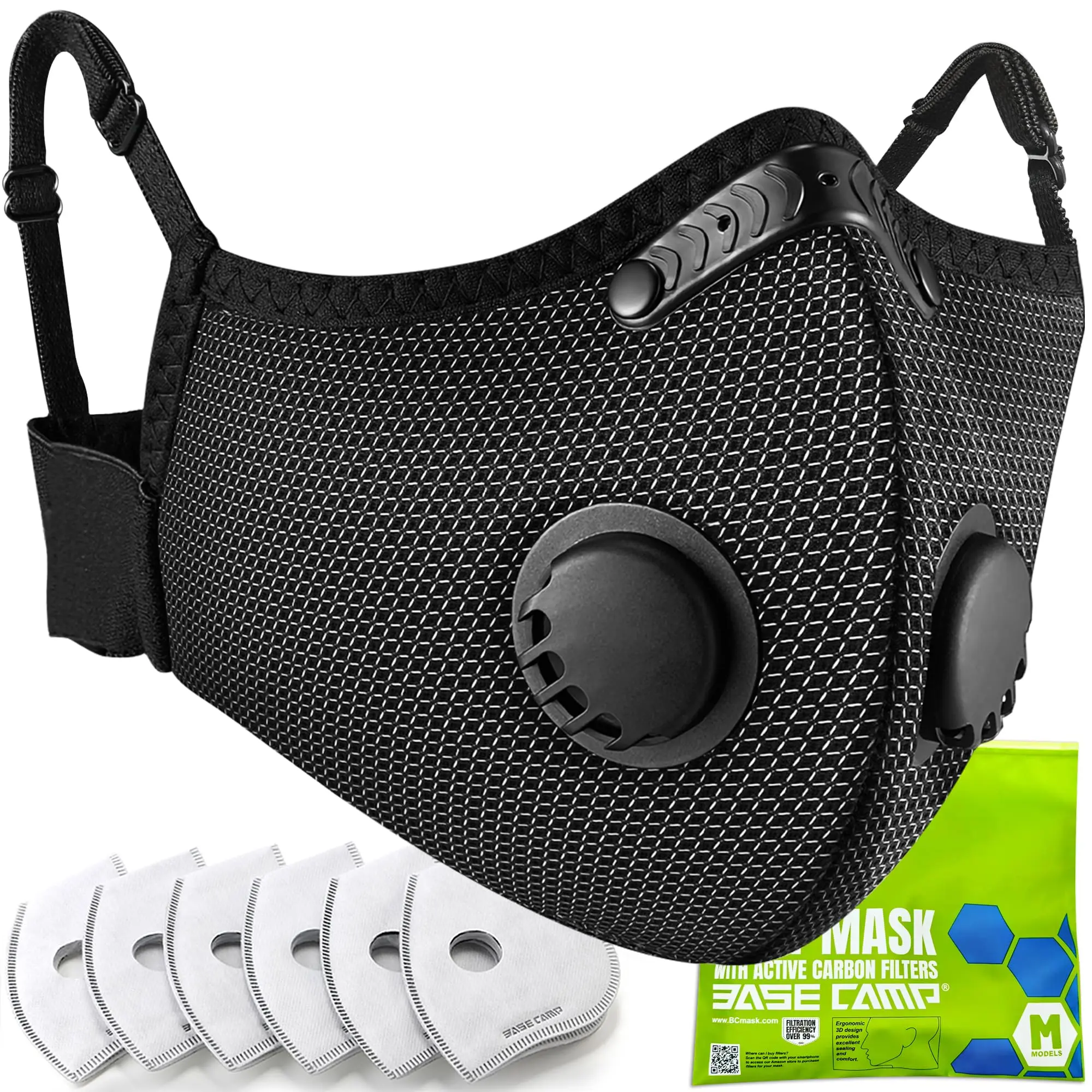 BASE CAMP Silver and Black Upgrade M Plus Dust Mask, Reusable Respirator Face Mask with 6 Activated Carbon Filters, Safety Work Masks for Woodworking, Construction, Yard Lawn Paint, Dust