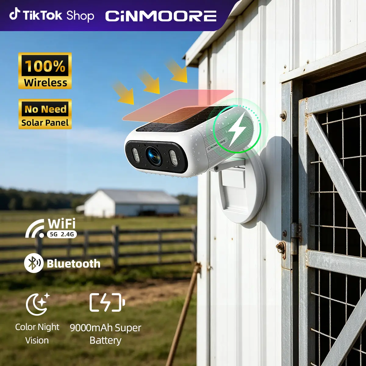 CINMOORE Wireless Magnetic Security Camera - Built-in Solar Power, Chargeable 9000mAh Battery, Non-Subscription AI, 24/7 Recording, Dual-Band 5GHz WiFi, Weatherproof, App Control, Outdoor Home Security Use, Easy Installation, Phone