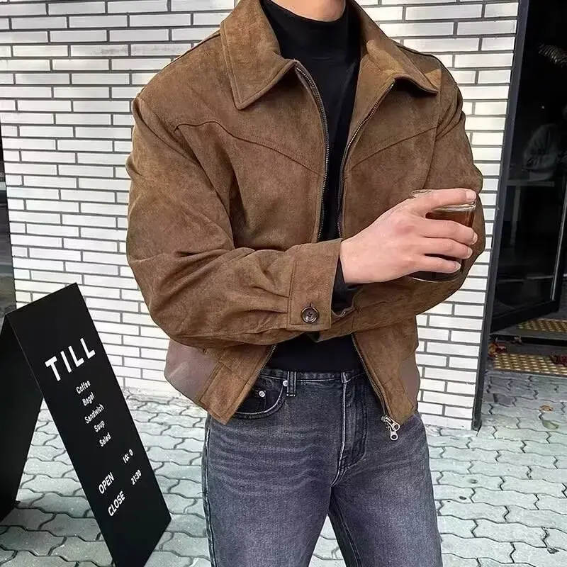2026 Men's Korean Style Chamois Leather Flight Jacket Loose Fit Zippered Hooded Warm Outerwear Casual Trendy Coat for Autumn Winter, men hoodie, casual jacket, men apparel, fall jacket men, men winter coat