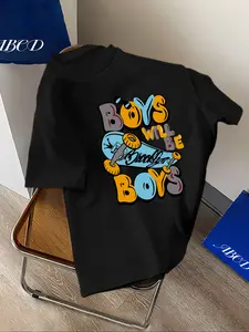 Boys' Cartoon Skateboard Letter Print Round Neck Short Sleeve T-Shirt Funny Graphic Tees, Casual Fitted H-Type Tee for All Seasons, Clothing