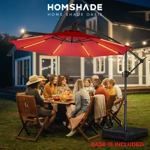 【On Sale】10ft Offset Outdoor Solar Patio Umbrella with Base & Solar Light, Easy Tilt & Crank, Adjustable UPF 50+ UV Protection for Garden, Backyard & Poolside