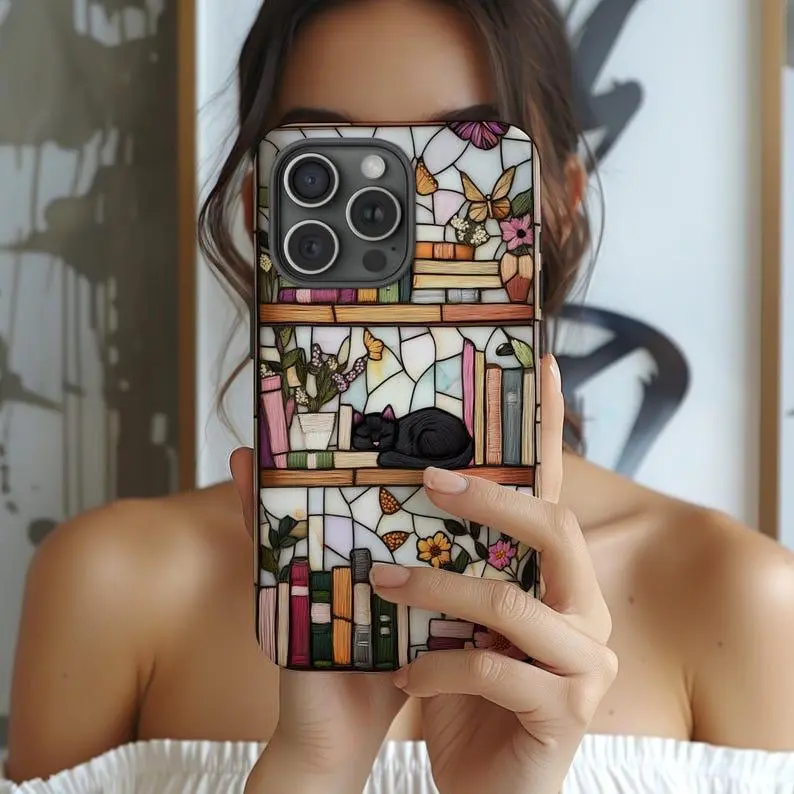 Literary Gift, Cat Phone Case, books phone case, Bookcase 3D Case, Cover for IPhone17 16 15 14 13 12 11 Plus Pro Promax Case for IPhone Tough Phone Case