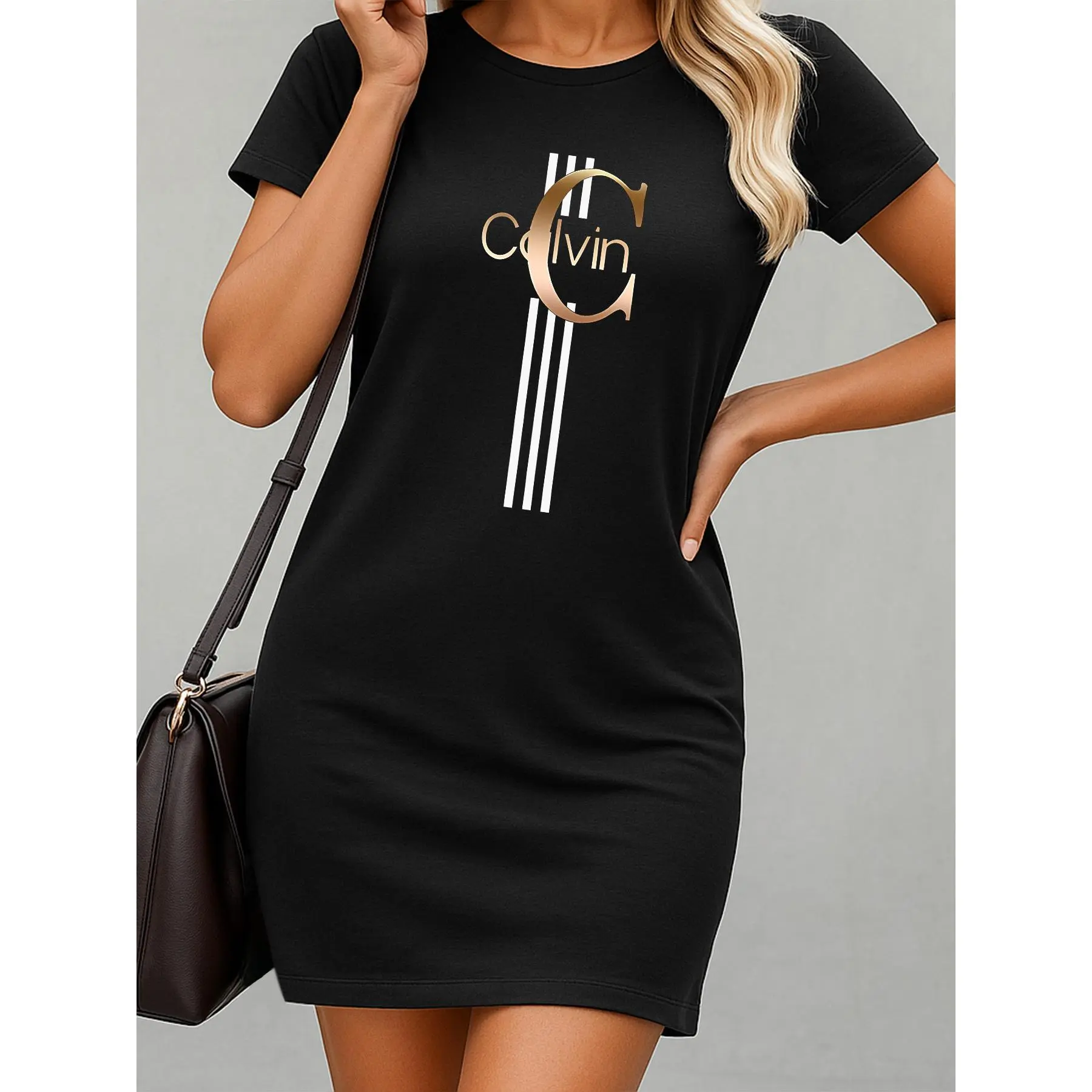 Women's Fashionable Letter Print Short Sleeve T-Shirt Dress, Summer Cool Casual Dress, Trendy Dress, Nightgown, Loungewear, Ideal Gift Choice