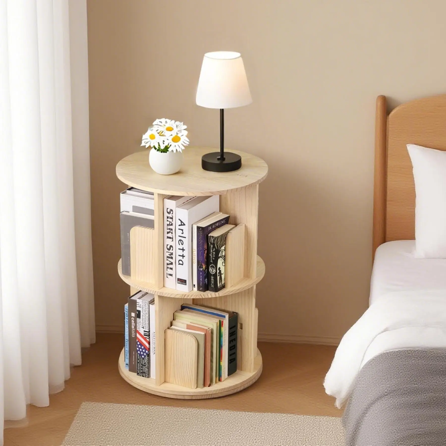 LEMY Wooden Rotating Bookshelf 360 Display Floor Standing Bookcase Storage Rack for Kids&Adults Multi-Functional Bookshelf Organizer (2-Tier)