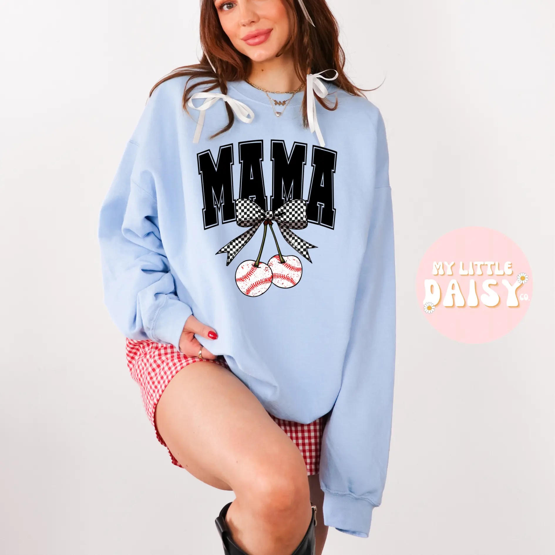 Black print Mama baseball cherries and checkered bow shirt/sweatshirt