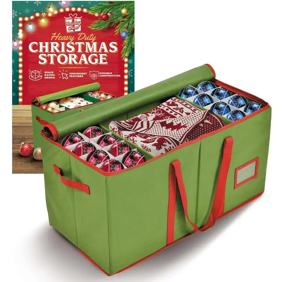 Holiday Cheer Premium Christmas Ornament Storage – Christmas Storage Container Perfect for Holiday Decorations and Ornament Storage Box – Fits 128 Holiday Ornaments – Tear-Proof Fabric