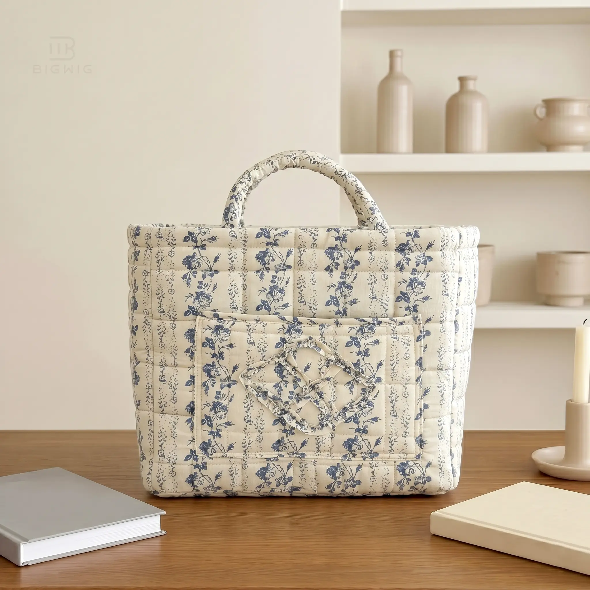 French Floral Quilted Shopping Bag for Women, Large-Capacity Soft Cotton Vintage Reusable Tote Bag, Aesthetic Car Storage Functional Organizer, Tote Bags, Bags For Women Waterproof Miffy Leather Pen