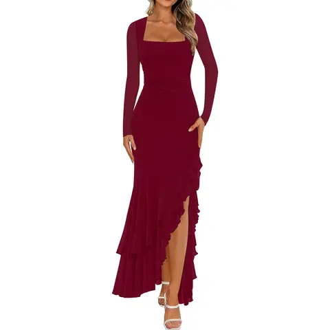 BORIFLORS Women's Square Neck Long Sleeve Bodycon Mesh Maxi Dress, Elegant Ruched Double-Lined High-Slit Ruffle Mermaid Gown, Fall Wedding Guest Party Outfit, Black Friday Deals, Halloween Outfit, Fall Fashion Dresses, Y2K Clubwear, Homecoming Dresses