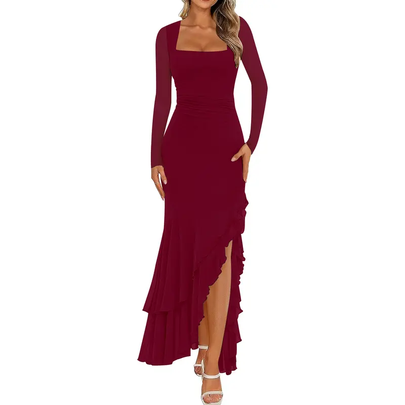 BORIFLORS Women's Square Neck Long Sleeve Bodycon Mesh Maxi Dress, Elegant Ruched Double-Lined High-Slit Ruffle Mermaid Gown, Fall Wedding Guest Party Outfit, Black Friday Deals, Halloween Outfit, Fall Fashion Dresses, Y2K Clubwear, Homecoming Dresses