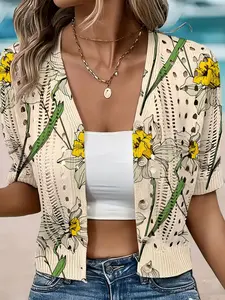 Women's Floral Print Short Sleeve Button Down Cardigan, Casual Elegant Knit Sweater for Resort Style, Loose Open Front Design for Spring Summer Autumn