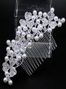 Silver Crystal Rhinestone Bride Wedding Hair Comb Pearl Bridal Hair Piece Flower Hair Accessories for Women and Girls Elegant style Gift for Girl Lady Flower Hair Clip