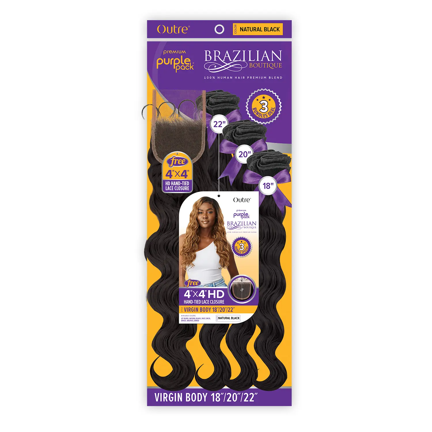 Outre Purple Pack Brazilian Boutique Long Virgin Body Human Hair Blend Hair Wefts, 3 Bundles (18" 20" 22") with Free 4x4 HD Lace Closure, Quick Weave Extensions, Salon Extensions, Salon Hair Extensions