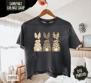 Leopard Bunnies Cropped Comfort Colors Tee, Trendy Tshirt for Women