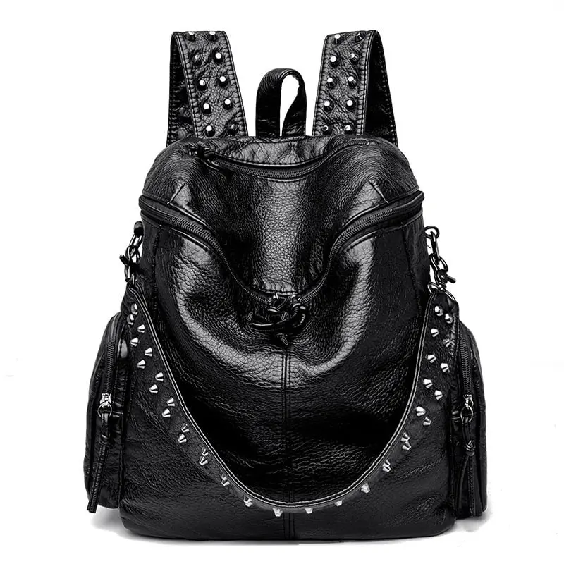 Women's Large Capacity Studded Eco-Friendly PU Leather Backpack - Glossy Synthetic, Excellent Scratch Resistance, Golden-Tone Hardware, Multi-Pocket, for Business Commutes, Everyday Bag, Sustainable, Campus Life, Multi-Pockets, Glossy Finish, Client Meeti