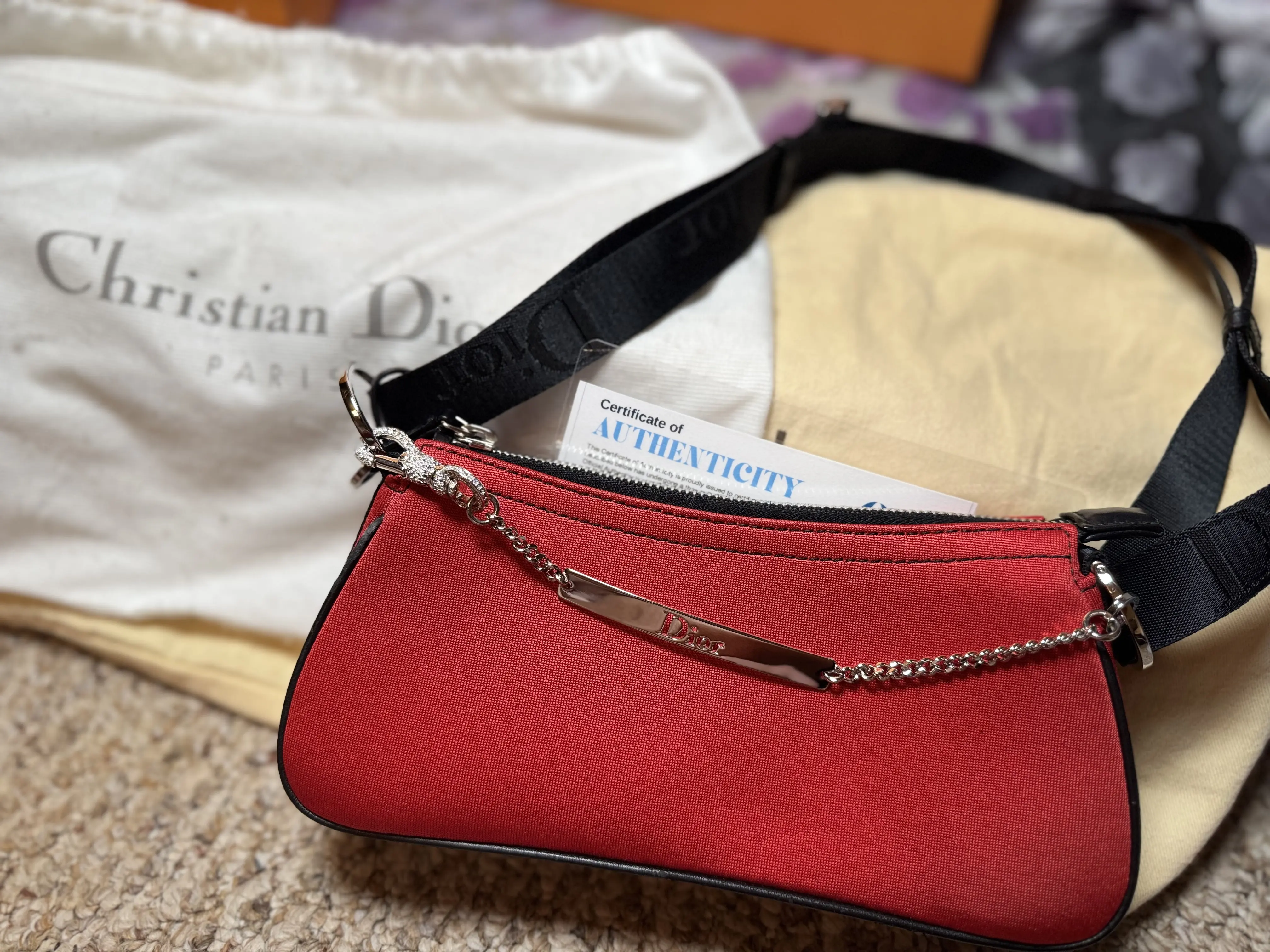 Pre-owned Dior Nylon Shoulder bags Christian Red Hardcore Pochette Shoulder Bag (Early 2000s) Logo Strap, Zip Closure, Light Gentle Wear, Very Good Condition