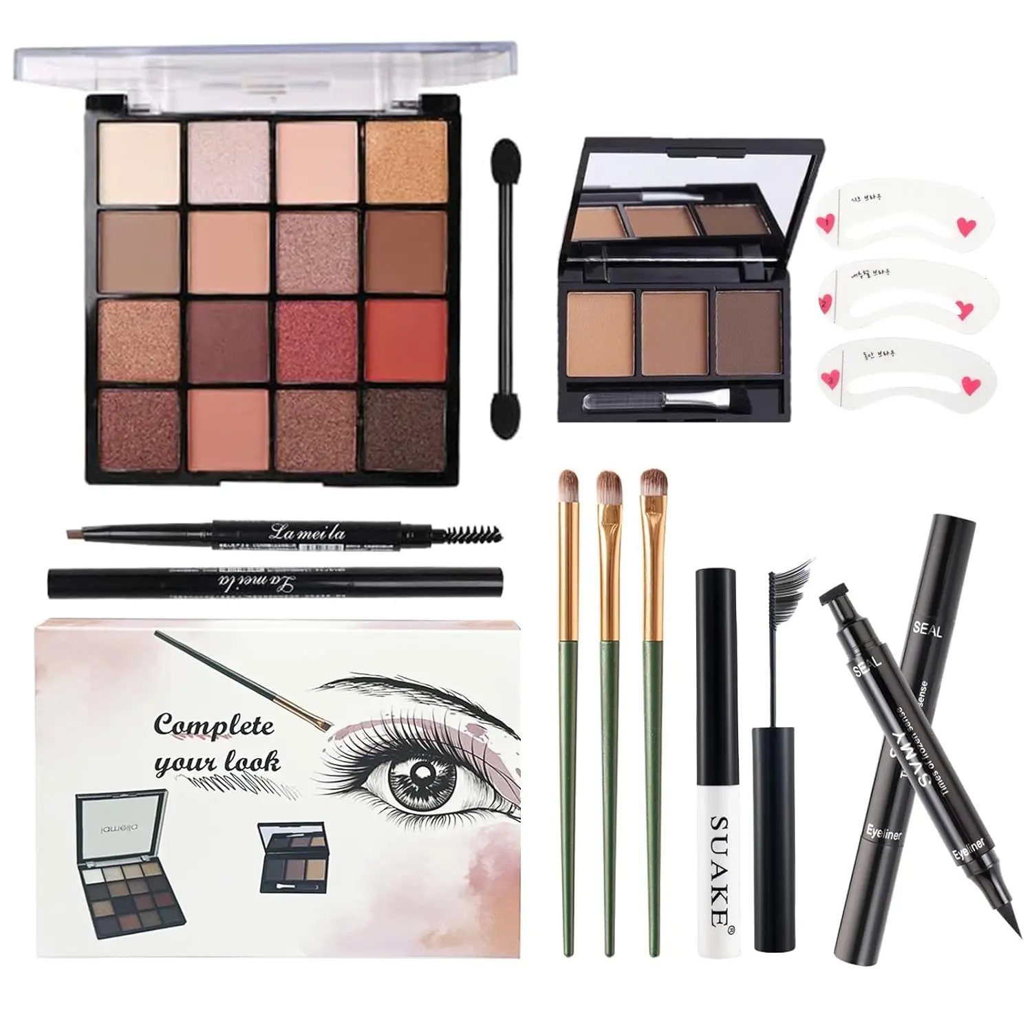 All in One Makeup Kit For Girls - 16 Colors Naked Eyeshadow Palette, 3Pcs Makeup Brushes, Waterproof Eyeliner Pencil, Eyebrow Powder,Eyebrow Pencil,Mascara, Women and Beginners Teens Makeup Gift Set Versatile Iconic