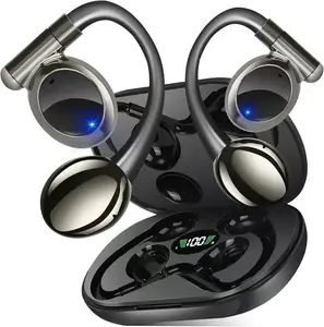 Open earphones, wireless bluetooth 5.4 earbuds, sports headphones, built-in microphone with ear hooks, 50 hours playtime, earbuds, LED display, charging case, waterproof design, running Audio Bone Headset Electronic Black