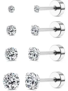 4 Pairs G23 Titanium Stud Earrings for Women Girls Silver Earrings Set Cubic Zirconia Mens Earrings Cartilage Earrings Hypoallergenic for Sensitive Ears 2/3/4/5mm High Quality Earrings