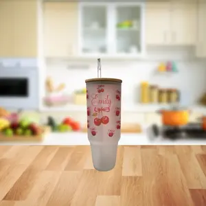 Personalized 40oz Frosted Cup with Lid & Straw - Cherry & Pink Bow Design - Custom Name  Perfect for Gifts, Parties, & Everyday Use - Cute & Stylish Drinkware
