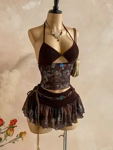 Women's Vacation Walnut Print Hollow Out Sexy Halter Top & Mini Skirt Set, Ethnic Style Chic Peacock Pattern Lace-Up Dress, New 2026 Fashion, Knit