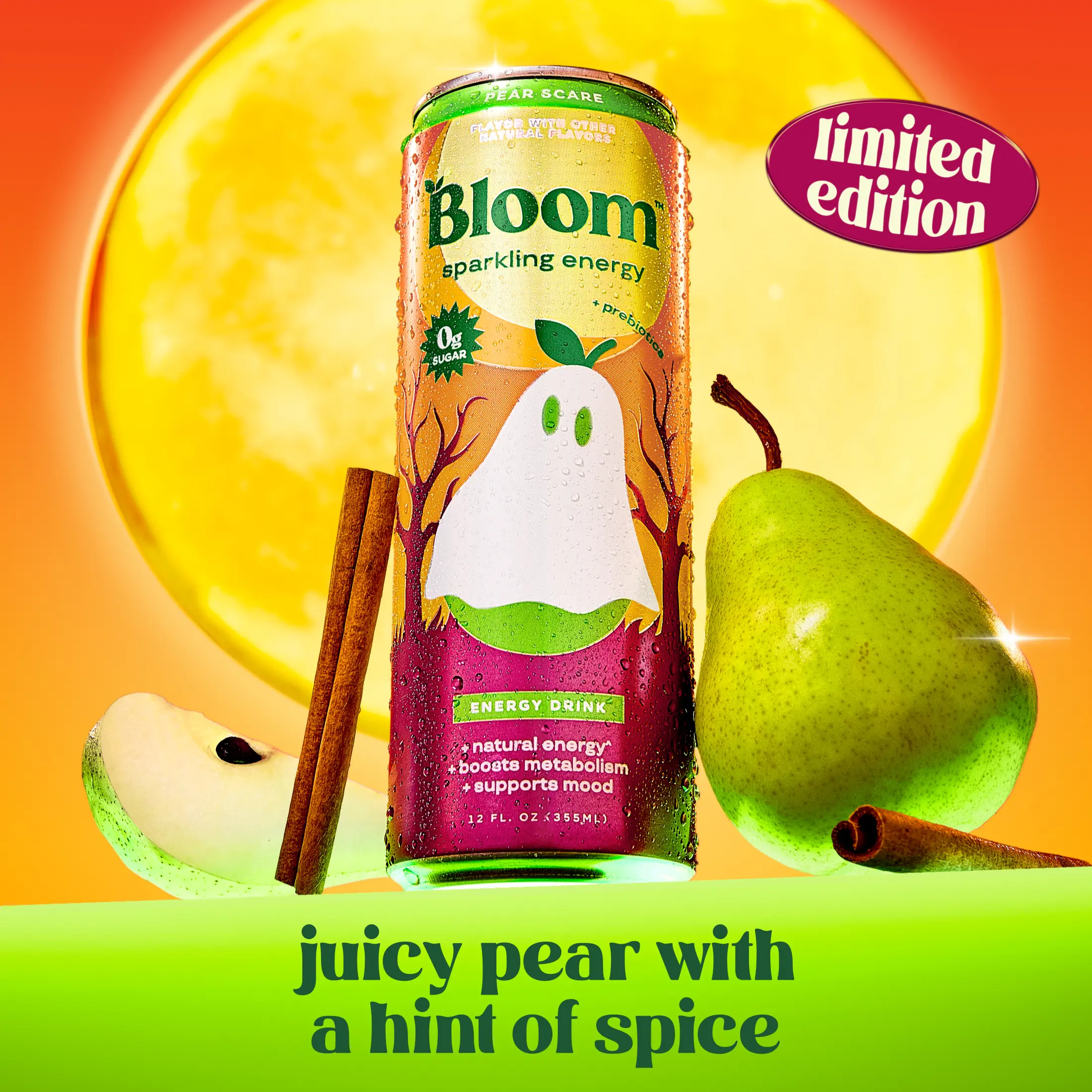 New! Pear Scare - Bloom Sparkling Energy Limited Time Flavor - Natural Caffeine, Zero Sugar, 180mg Caffeine - Antioxidant-Rich with Green Coffee Bean, Green Tea Extract, Prebiotics, 12oz  1 PK, 12 Cans