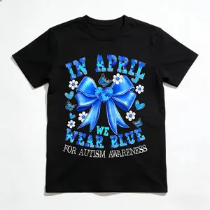April We Wear Blue Autism Awareness Coquette Bow Puzzle TShirt
