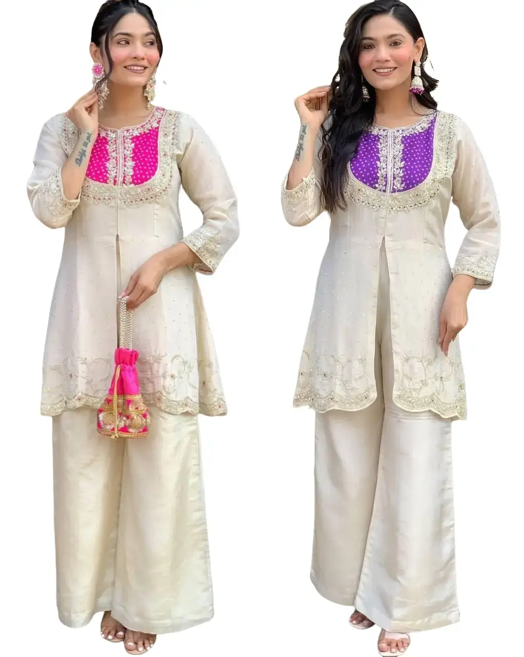Premium Designer Co-ord Set Fabric - Roman Shimmer Silk Top with Embroidery & Mal Cotton Half Inner - Casual Wear