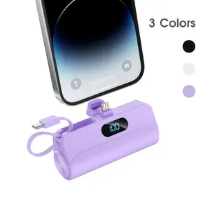 Mini, compact and small power bank, 5000mAh with LED display, stand battery pack, ios & Type-C cable output, suitable for iPhone and Android, essential for travel, Portable Rechargeable Battery