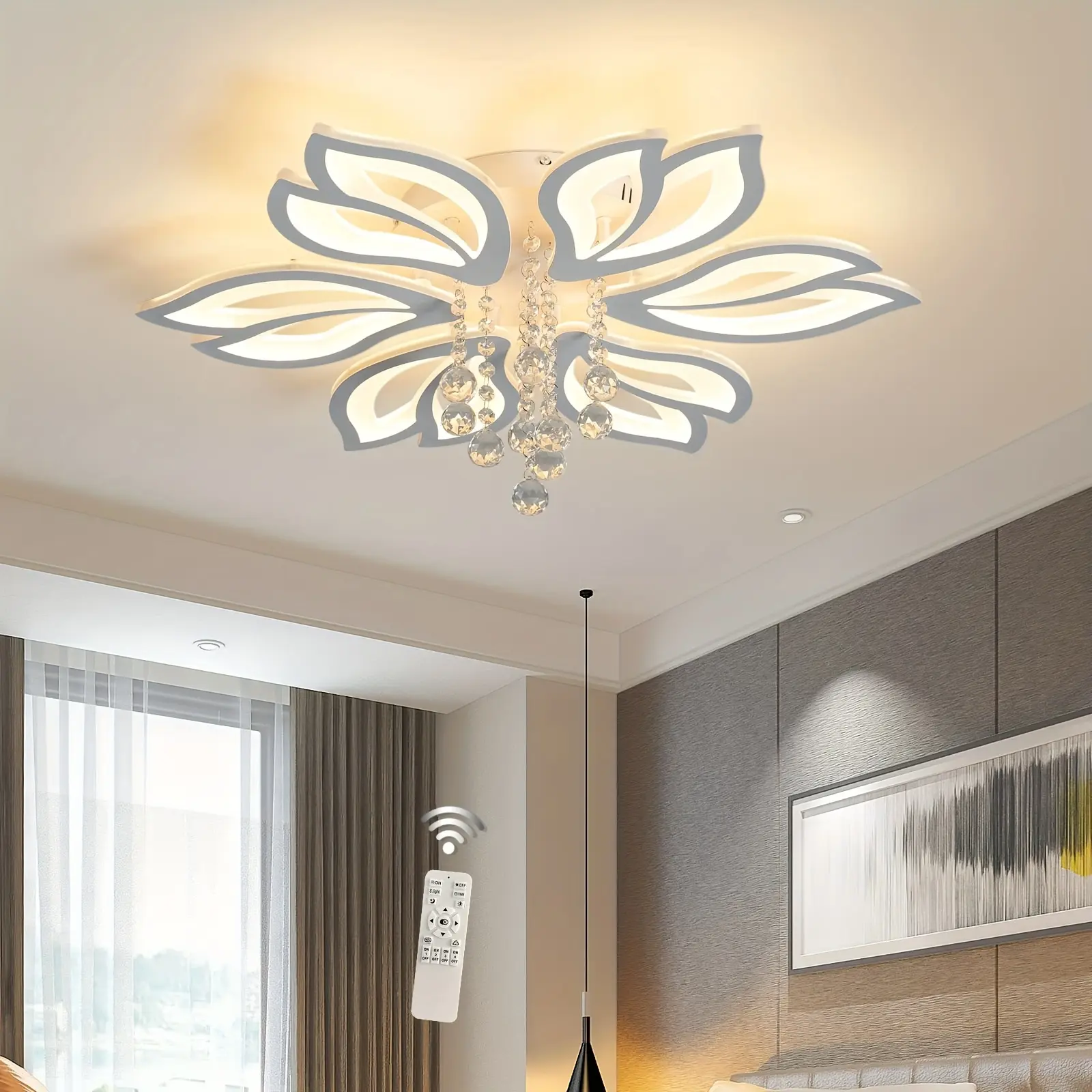 Modern LED 6-Head Recessed Acrylic Flower Shape Ceiling Light Dimmable with Remote Control for Bedroom, Kitchen, Dining Room - White