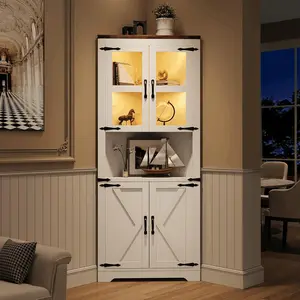 67 inch Tall Corner Storage Cabinet with Lights  Farmhouse Wooden Corner Hutch with Glass Doors  Adjustable Shelves  Display Cabinet  White