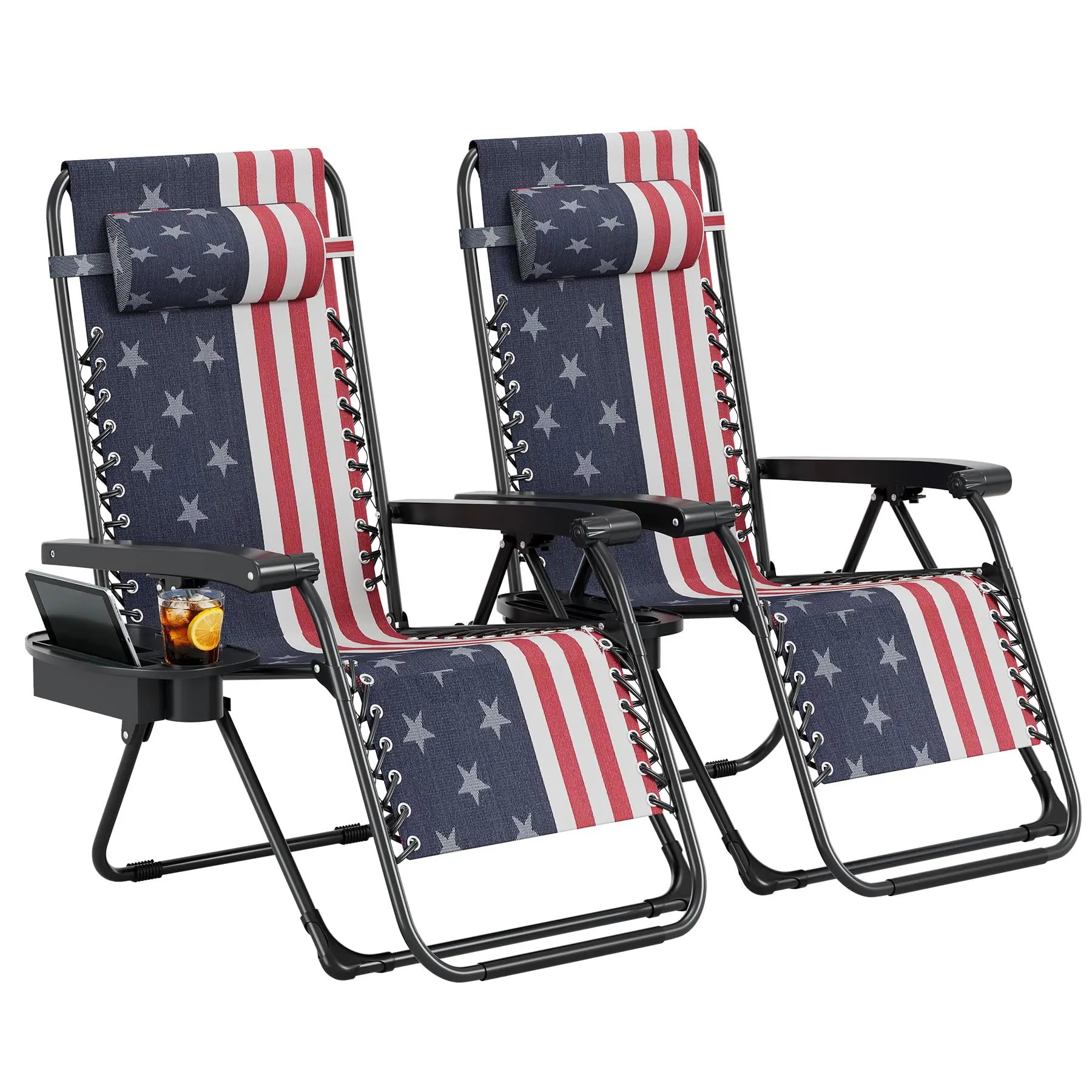 2-Piece Steel Frame Outdoor Patio Set - Adjustable Reclining Lounger, Portable Sun Lounger with Pillow, Cup Holder Tray, Stars and Stripes Design for Deck, Poolside, American Flag, Adjustable Recline, Front Porch, Ergonomic